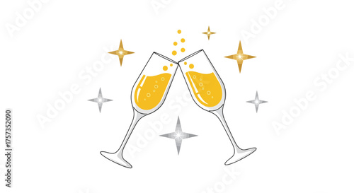 Vector illustration of two champagne glasses clinking with bubbles and stars