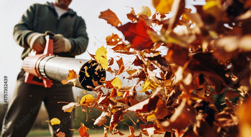 Naklejka premium Leaf blower for cleaning up dry autumn leaves and debris in the garden or backyard, video of autumn work and maintenance