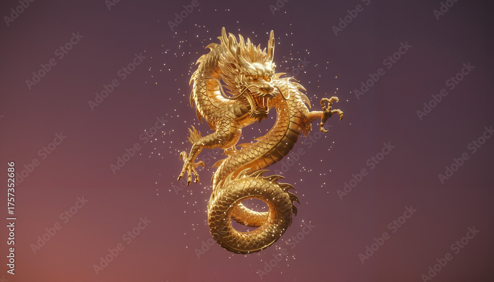 Obraz premium Golden dragon illustration with sparkling effects against gradient background 