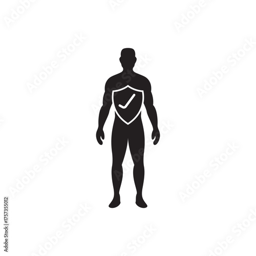 Chest shield icon. Human silhouette with shield on chest, body protection concept.