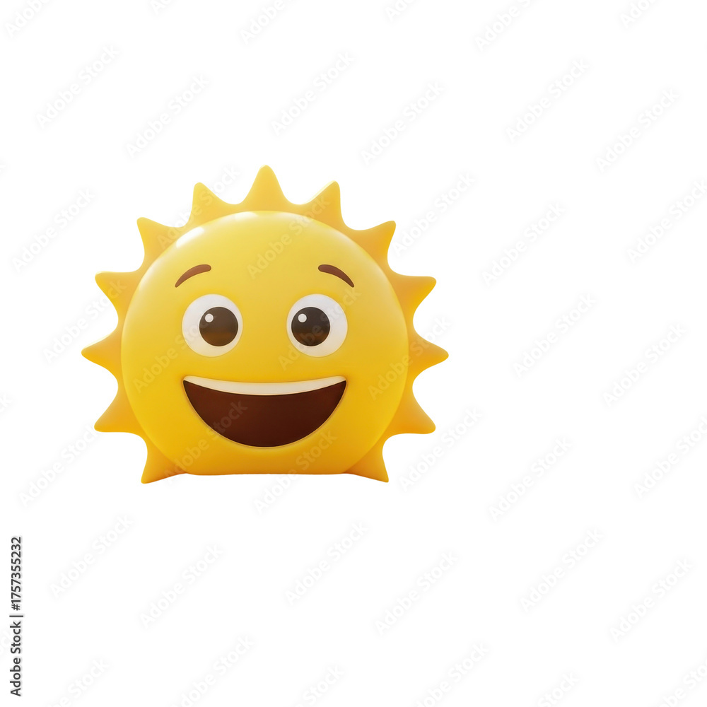Fototapeta premium Cheerful happy sun character 3D cartoon icon symbolizing bright summer and positive feelings. isolated PNG with Transparent Background