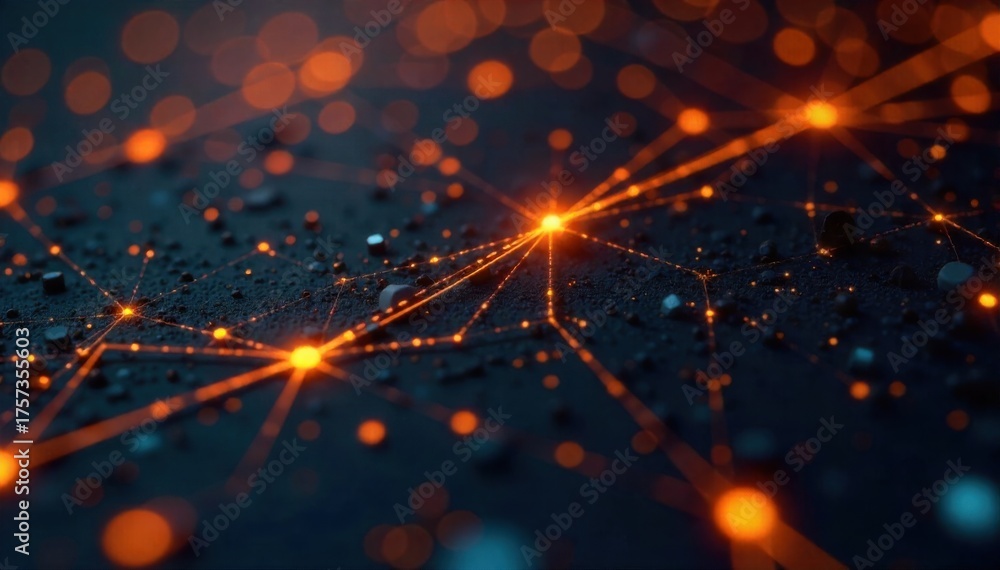Fototapeta premium High End Consulting Services Abstract Flow of Data and Strategy An abstract, flowing visualization of interconnected lines and glowing nodes representing data and strategy. The scene is illuminated by