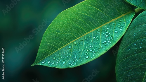 Wallpaper Mural Close-up of Fresh Green Leaf with Water Droplets, Showcasing Textures, Veins, and Vibrant Colors in a Nature-Inspired Setting for Background or Design Use Torontodigital.ca
