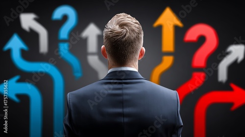 A businessman stands in contemplation, facing multiple directional arrows symbolizing choices and decisions in a challenging environment