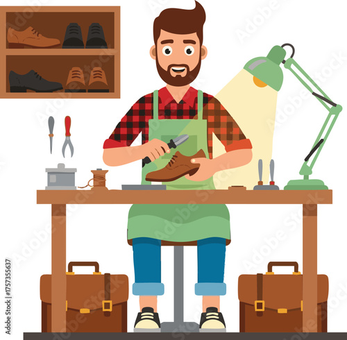 Craftsman carefully repairs a leather shoe at his workbench in a cozy workshop