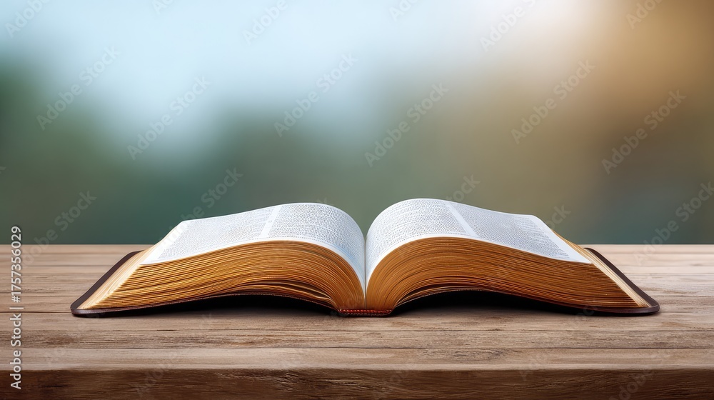 Fototapeta premium Open book on wooden table with blurred background, showcasing pages and spine, perfect for illustrating knowledge, education, literacy, and reading themes in creative projects.