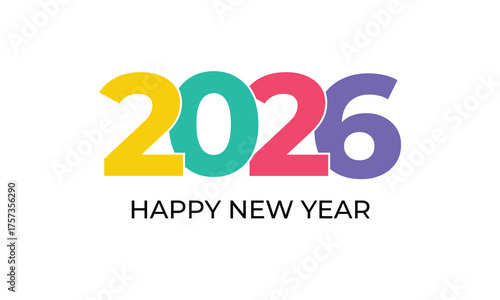 Colorful “2026 Happy New Year” text design on a white background. Minimal festive greeting card template representing holiday celebration, new beginnings, and seasonal joy for 2026.