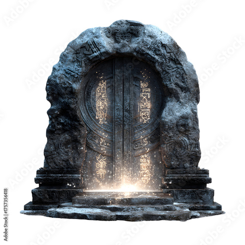 Mystical Stone Door: An ancient stone door carved with intricate symbols stands majestically, emitting a radiant, otherworldly glow, hinting at untold stories and hidden realms within.