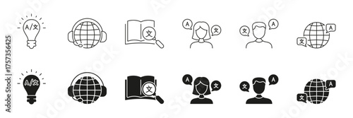 Language Learning And Communication Line And Solid Icon Set. Diverse Language Exchange And Interpretation Symbol Collection. Isolated Vector Illustration
