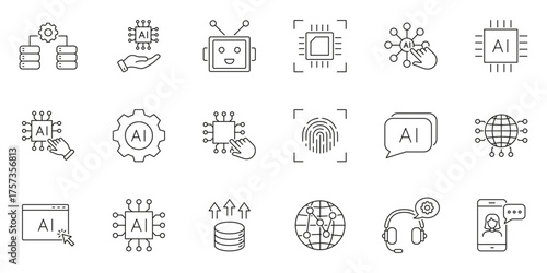 Artificial Intelligence and Automation Technology Line Icon Set. Digital Transformation, Robotics and Data Processing Outline Symbol Collection. Editable Stroke. Isolated Vector Illustration