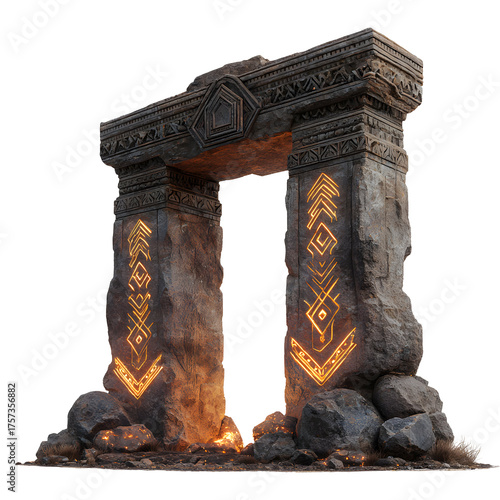 Ancient Stone Archway: Intricate carvings adorn an imposing stone archway, possibly a portal. The structure exudes a sense of history and mystery.