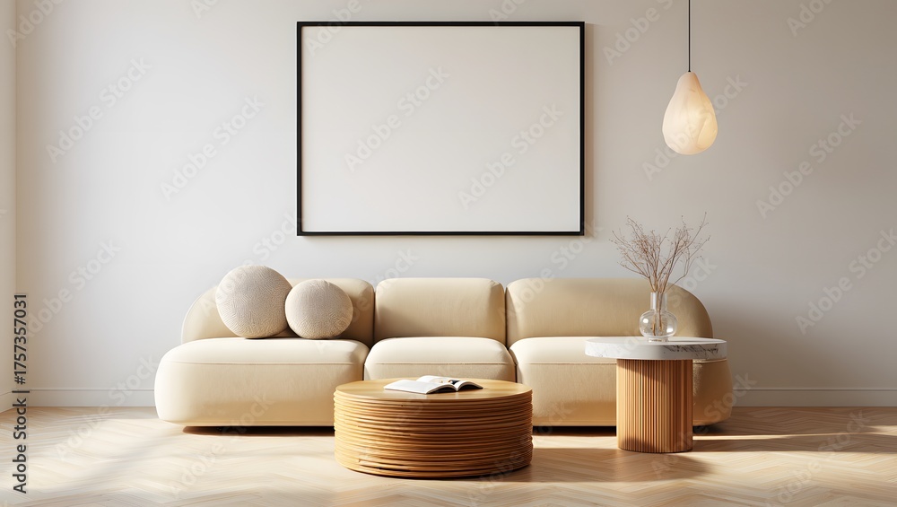 Obraz premium Modern living room interior with a neutral sofa and a blank framed artwork on the wall Mockup poster frame on the wall of living room,Modern interior design