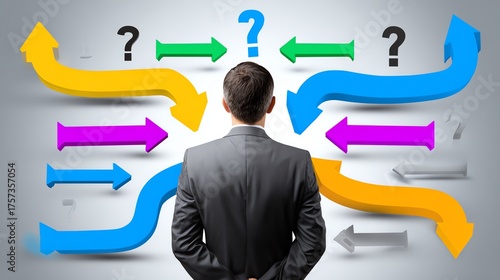 A man in a suit stands before colorful arrows and question marks, symbolizing decision-making and uncertainty in the business world. Explore the challenges of strategic choices.
