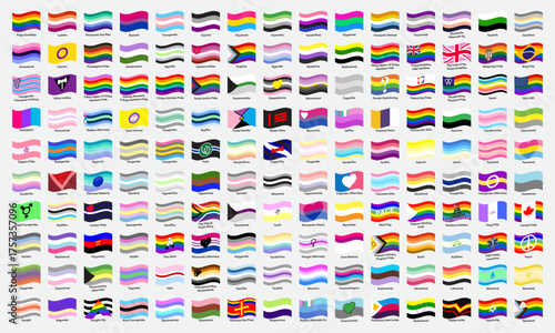Set of LGBTQ community flags in waving style. LGBTQ+ Pride flags collection chart representing gender, sexual Identities, and diversity in colorful design. Flag of gay, lesbian, transgender, bisexual.