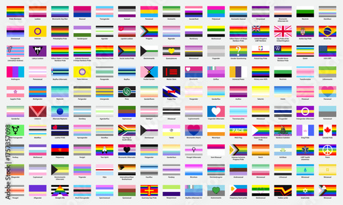 Set of LGBTQ community flags. LGBTQ+ Pride flags collection chart representing gender, sexual Identities, and diversity in colorful flat design. Flag of gay, lesbian, transgender, bisexual.