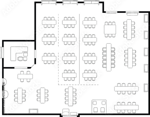 Collaborative workspace layout, classroom floor plan, vector illustration, CAD drawing, flat style, tables, chairs, zones, entrance, windows