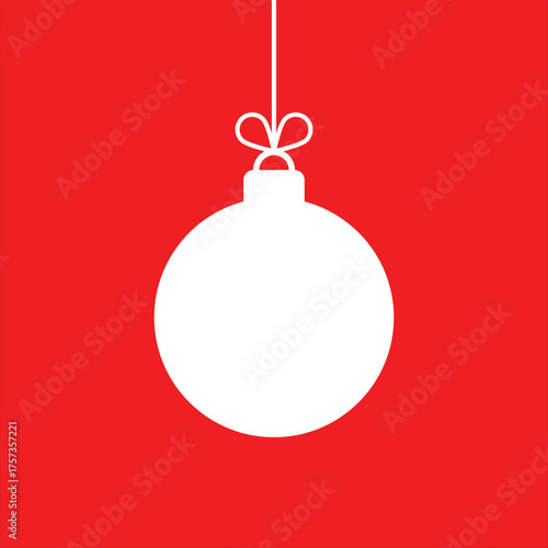 Minimalist white Christmas ornament hanging on a red background. Simple festive decoration design symbolizing holiday celebration, joy, winter season, and Christmas spirit.