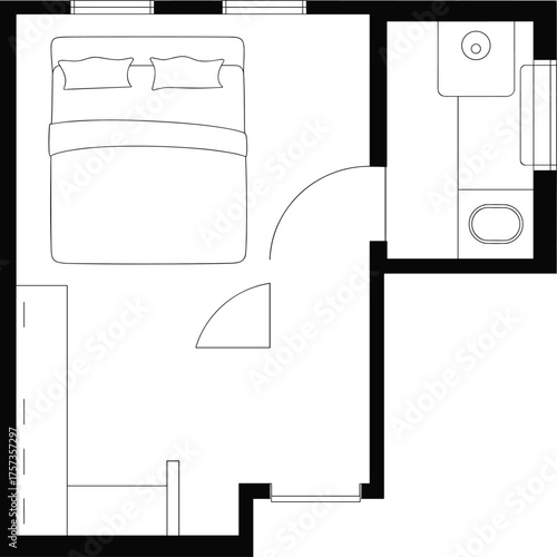 Compact room layout, studio apartment plan, vector illustration, CAD drawing, flat style, bed, bathroom, desk, door, window