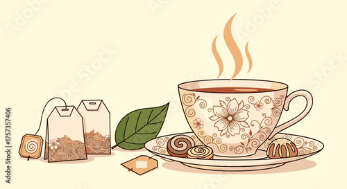 Enjoying a comforting cup of herbal tea with sweet pastries and aromatic tea bags.