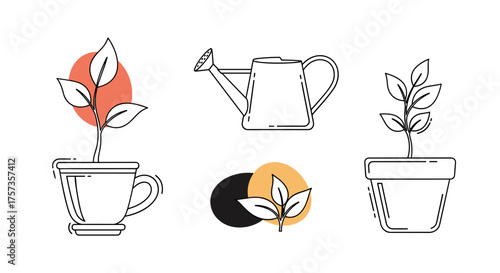 Simple illustrations of plants in pots and a watering can symbolize growth and care.