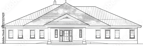 Single-story house elevation, front view, vector illustration, CAD drawing, flat style, hipped roof, columns, windows, entrance, facade