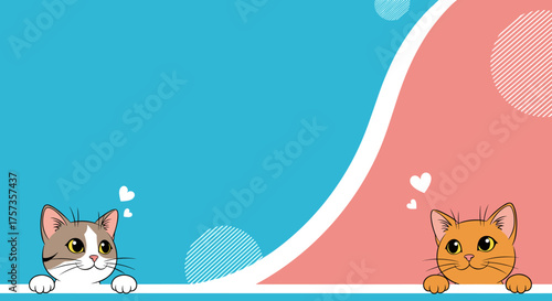 Cute kittens peeking over a colorful background with hearts and polka dots.