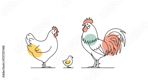 A simple line drawing of a hen a rooster and a chick with colorful abstract shapes.