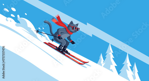 A cool cat skier with a red scarf navigates a snowy mountain slope.