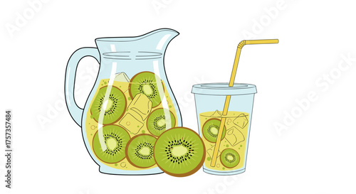 A refreshing pitcher and glass filled with kiwi slices ice and yellow liquid.