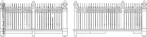 Decorative metal fence design, vector illustration, CAD drawing, flat style, scrollwork, gate panel, finials, posts, symmetrical layout
