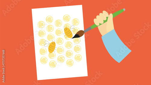 Hand of a painter painting a picture with bees. Vector illustration.