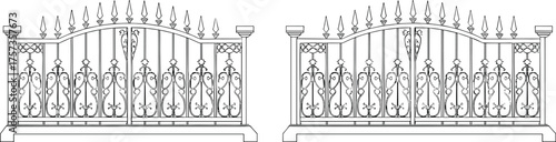 Wrought iron gate design, vector illustration, CAD drawing, ornamental metalwork, scrollwork, floral motifs, finials, posts, symmetrical layout