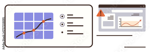 Chart with upward trendline on interactive grid, checklist, and web interface with warning alert. Ideal for analytics, statistics, progress, error monitoring, research, finance simple flat metaphor
