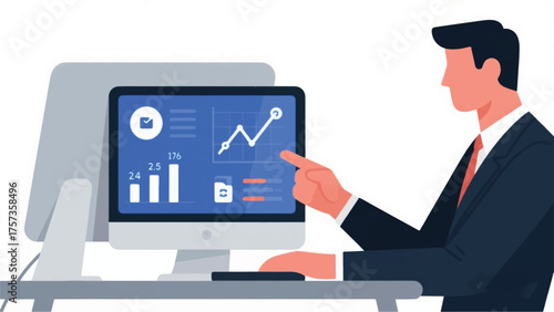businessman pointing at computer screen with graphs clip art preview