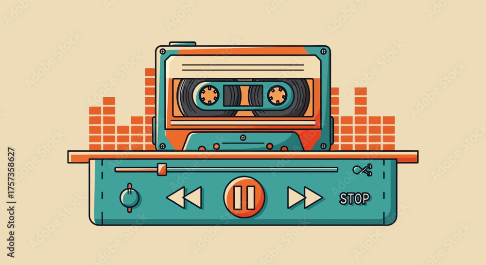 Obraz premium Classic Cassette Tape Deck with Playback Controls and Graphic Equalizer Bars - Retro Music Device Illustration