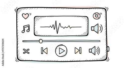 Hand-drawn sketch illustration of a digital audio media player interface with a sound wave and playback control buttons