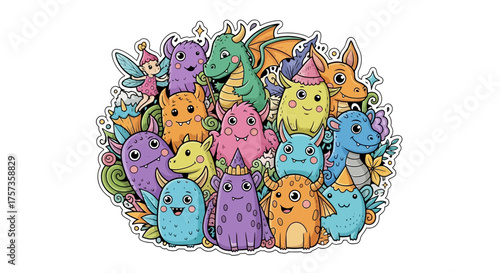 Whimsical Monster Crowd A Delightful Gathering of Playful Cartoon Creatures in a Festive Scene