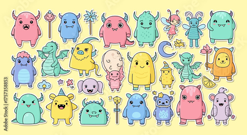 Charming and diverse collection of colorful cartoon monsters and friendly fantasy creatures in a playful vector art style for various creative projects