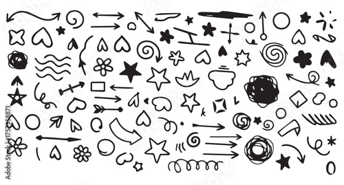 Collection of hand drawn doodle elements including arrows hearts stars swirls and abstract shapes on a white background