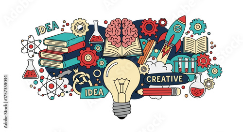 Conceptual illustration symbolizing the power of ideas, scientific exploration, and the creative process, blending knowledge, innovation, and discovery into a vibrant educational graphic