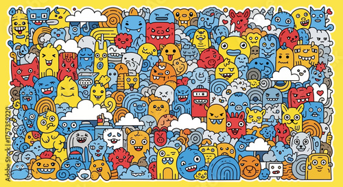 A vibrant and playful pattern featuring a crowded collection of cute, colorful, and funny cartoon doodle monsters on a yellow background