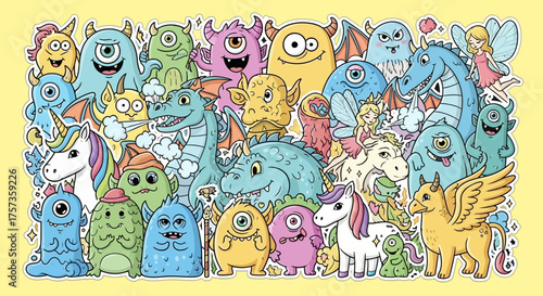 A vibrant and whimsical collection of playful, friendly cartoon monsters and mythical creatures, including dragons and unicorns, illustrated in a fun, doodle-style art