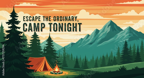 Scenic mountain landscape with a glowing tent and campfire in a pine forest, embodying the spirit of outdoor adventure