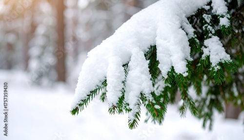 A close-up view of a green evergreen fir branch heavily covered with fresh white snow in a serene winter forest