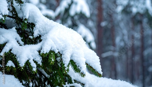 Snow-covered evergreen branches in a serene winter forest, evoking the tranquil beauty of the cold season's natural landscape