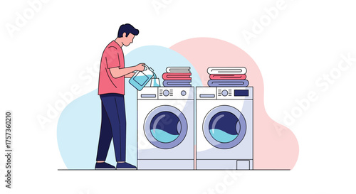Man pouring water into a washing machine near a dryer.