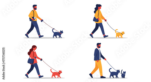 People walking their cats on leashes on a white background.