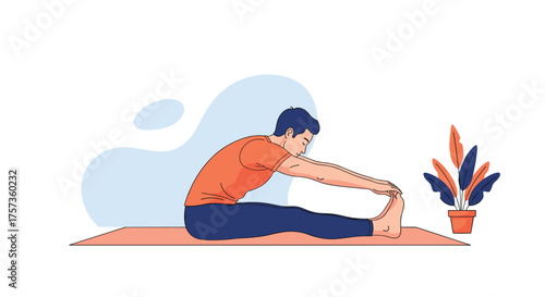 Man stretching his legs on a yoga mat indoors.