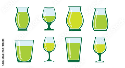 A collection of various glasses filled with a green beverage.
