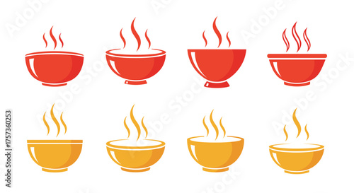 Collection of steaming hot soup bowls in red and yellow colors.